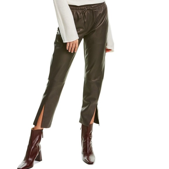 Theory 100% Leather Slit Leg Pull-On Taupe Pants Size 12 - Picture 1 of 14
